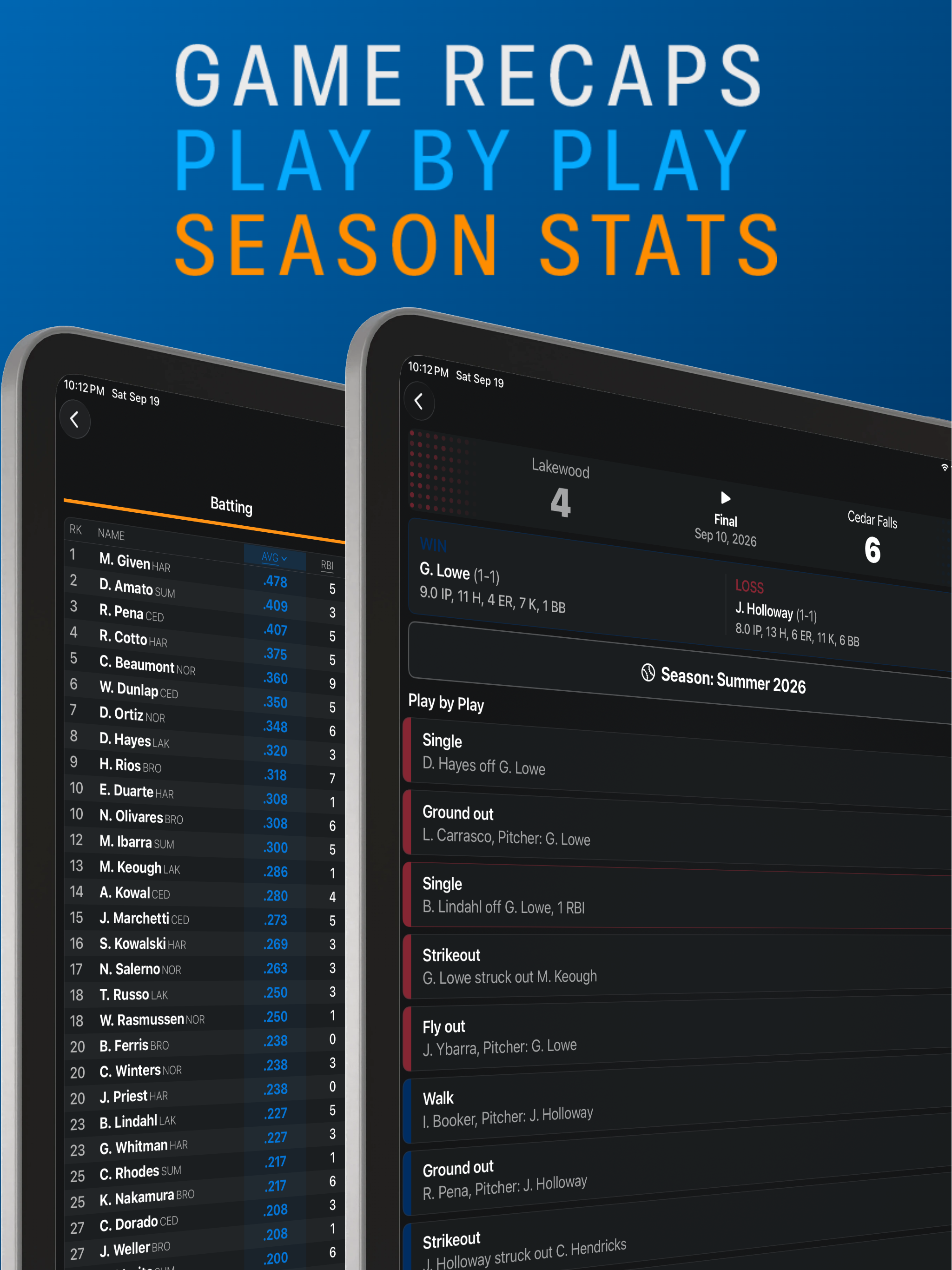 Stats Hero game recap, play by play and season batting stats